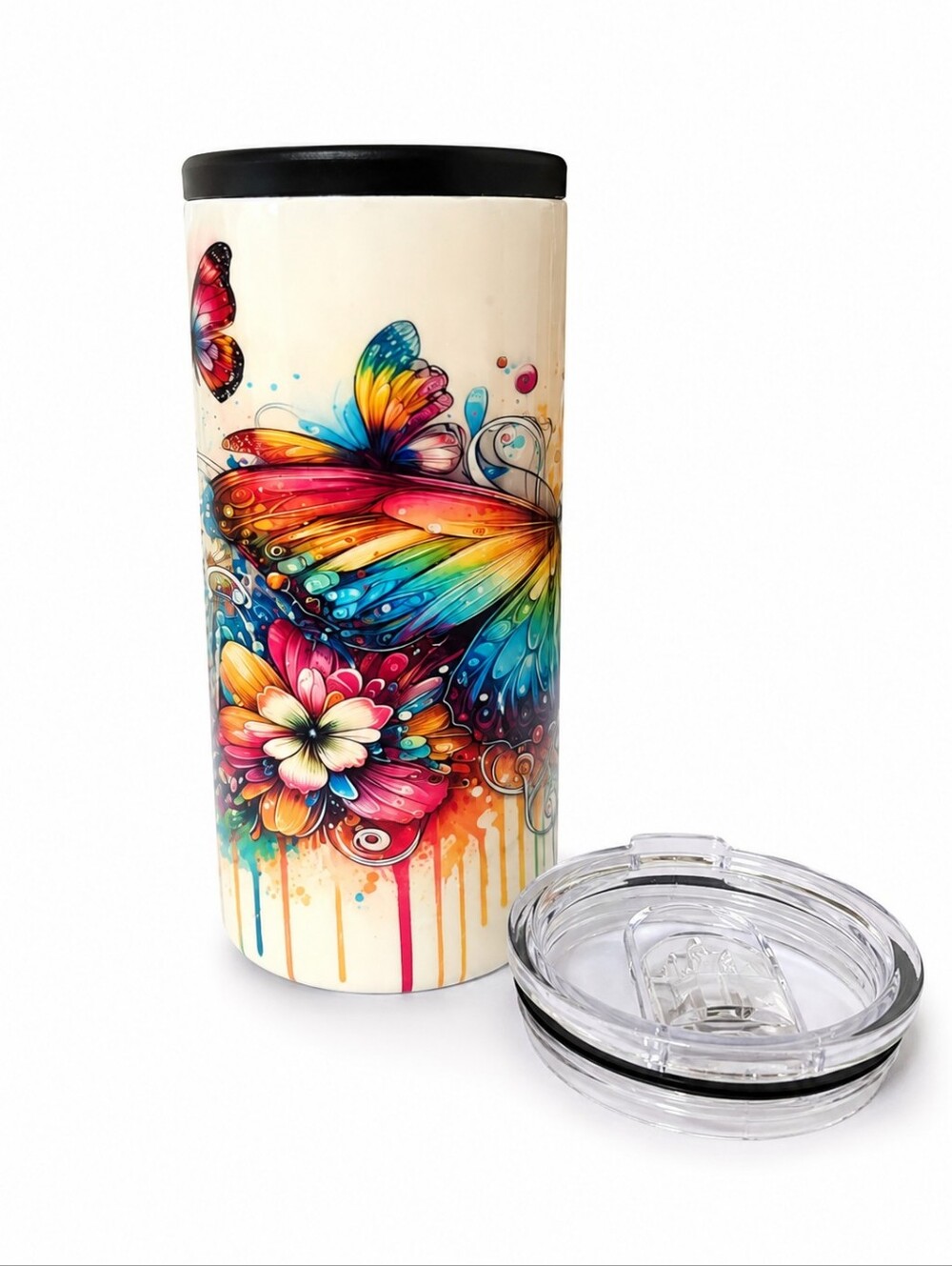 Handmade Butterfly 12oz Slim Duozie Tumbler Can Cooler with Extra Lid New